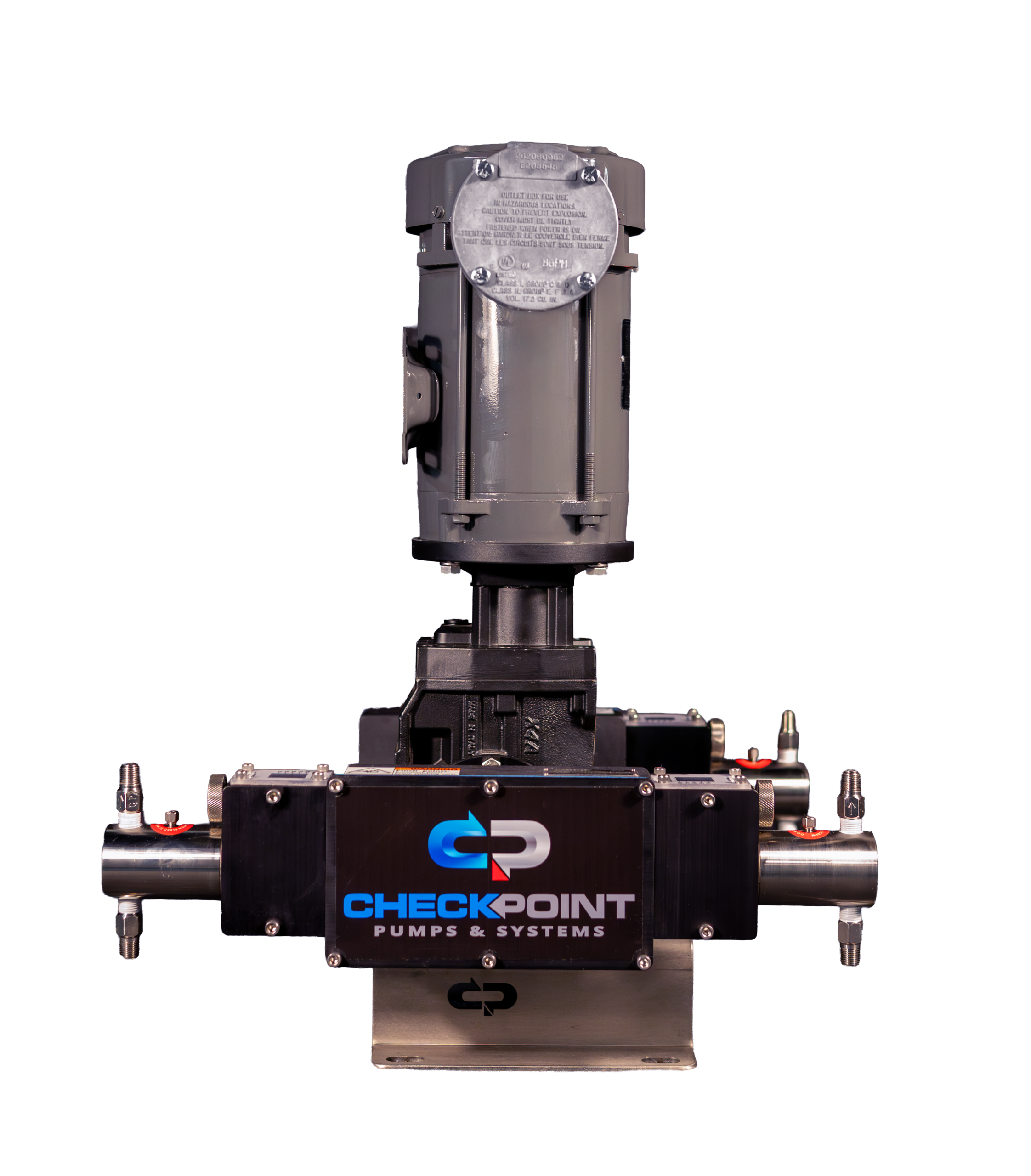 Front view of a vertical motor and opposed pump heads